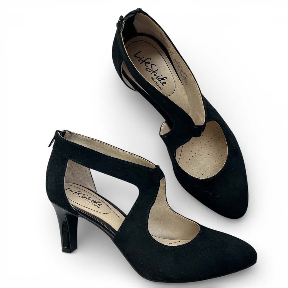 LifeStride Women 8.5W Black Cutout Pump Soft System Giovanna 2 Heels Preppy Chic